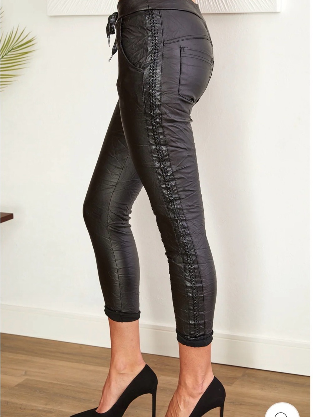 Faux leather joggers with side braid detail
